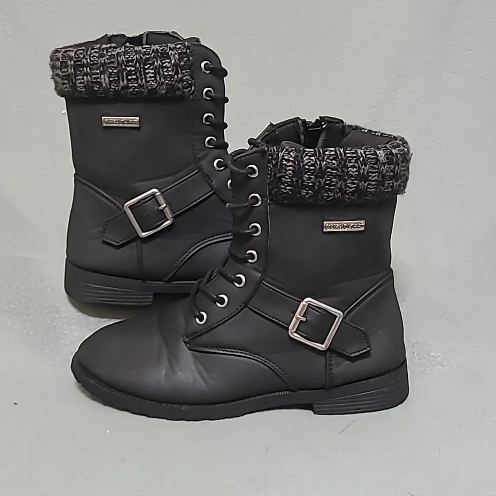 CHEROKEE Girls Black Lace‎ Up Side Zip Fleece Tip Ankle Booties - Size 2